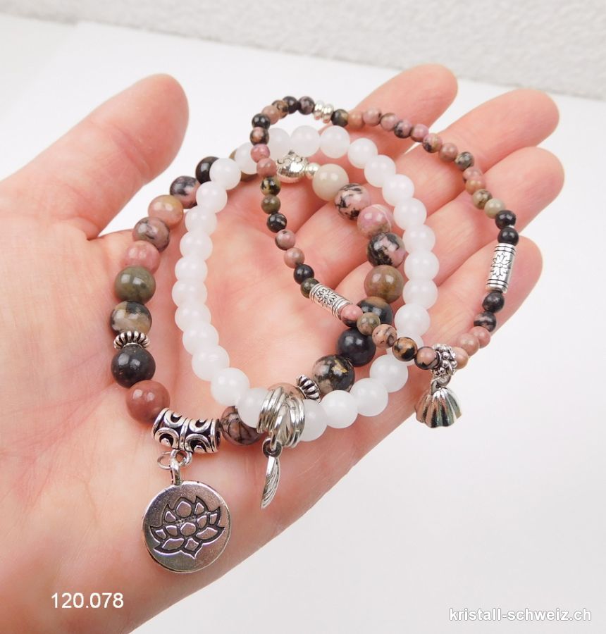 3 Armbänder BERUHIGUNG, Rhodonit u. Jade weiss. Sonderangebot