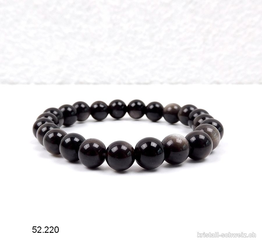 Armband Obsidian Silber 8 mm, elastisch 18,5 - 19 cm. Grösse M