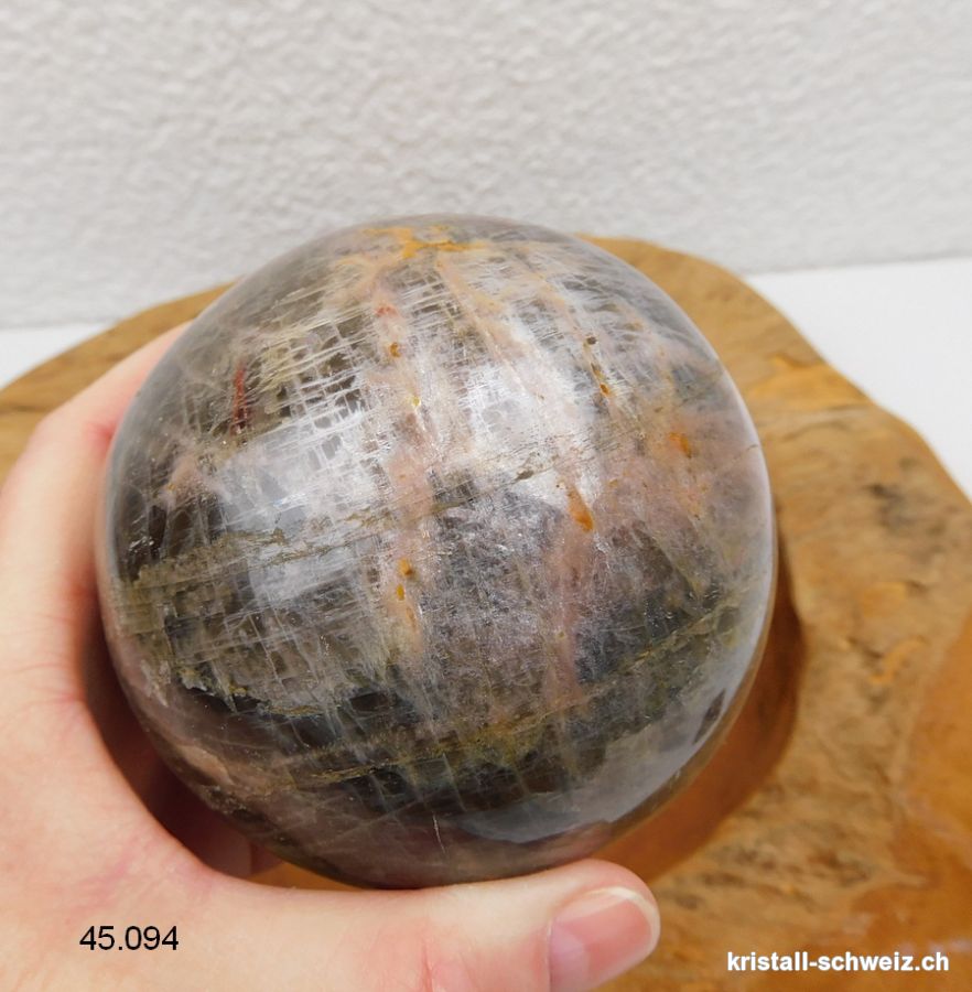 Kugel Mondstein schwarz aus Madagascar Ø 8,5 cm. Einzelstück